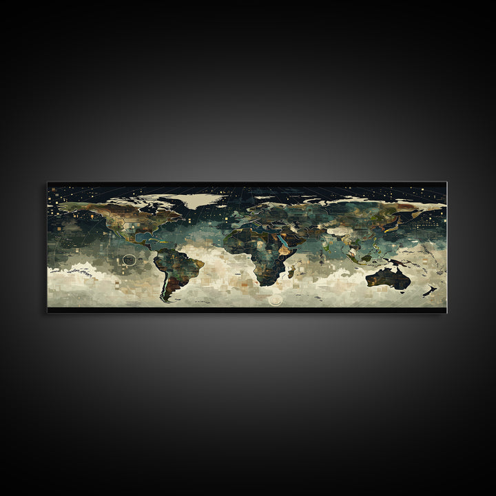 Abstract World Map Wall Art, Earth Tone Travel Decor, Modern Canvas Print Style, Office Geography Poster For Home Office Decor
