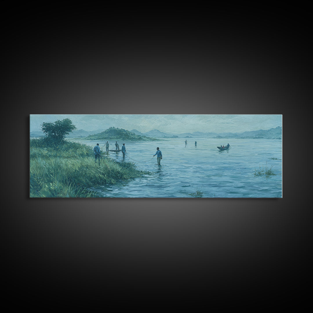 Blue Lakeside Village Landscape Wall Art, African Landscape Canvas Print, Serene Nature Scene, Living Room Decor Gift For Home