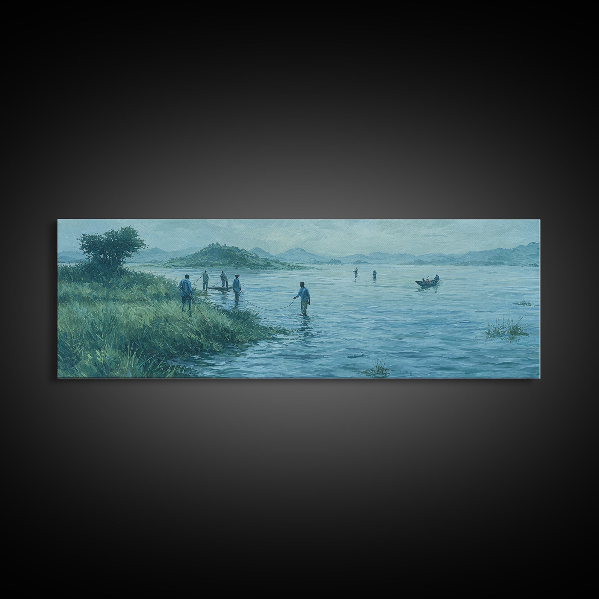 Blue Lakeside Village Landscape Wall Art, African Landscape Canvas Print, Serene Nature Scene, Living Room Decor Gift For Home