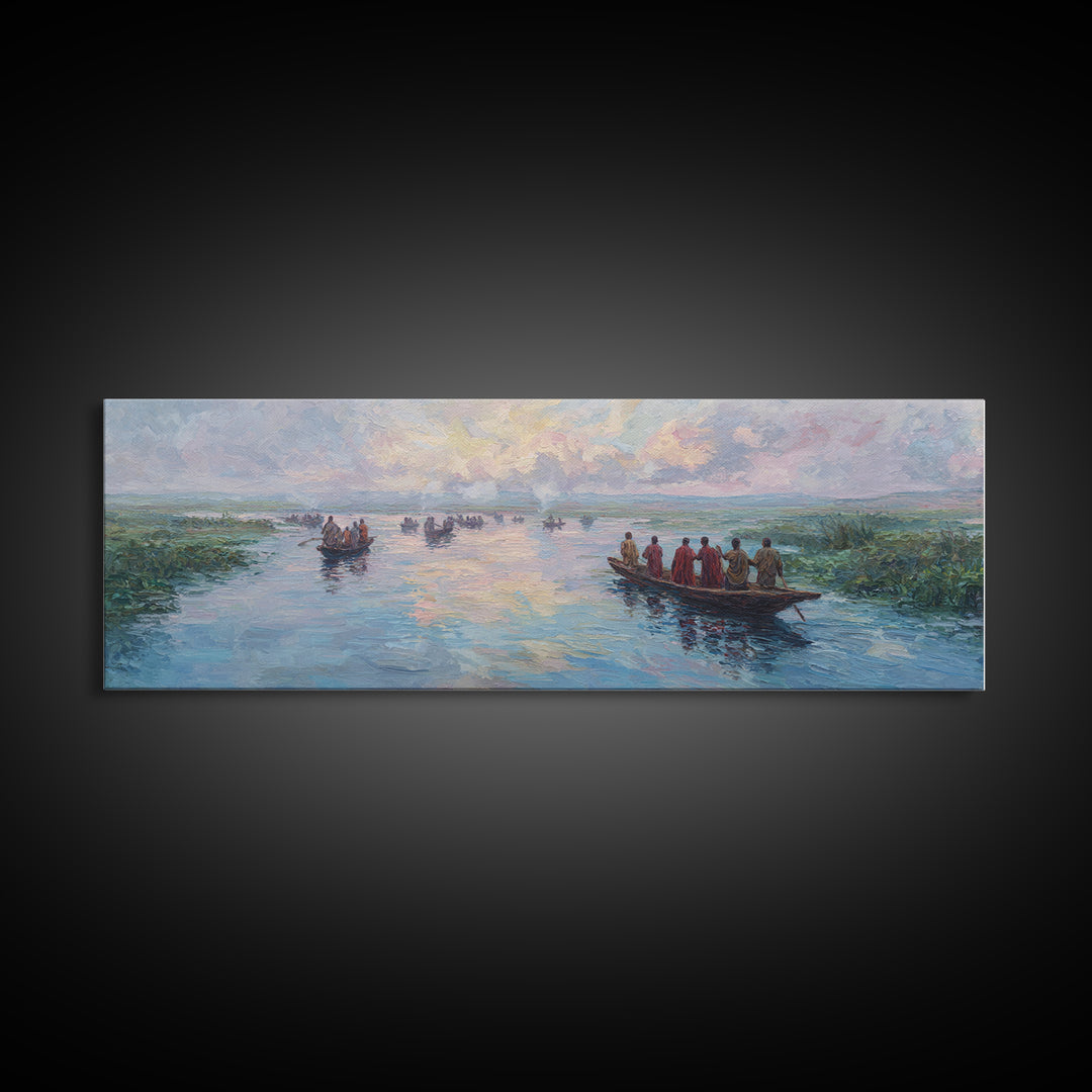 Pastel River Boats At Sunset Wall Art, African Landscape Canvas Print, Serene Safari Decor, Coastal Living Room Gift For Home