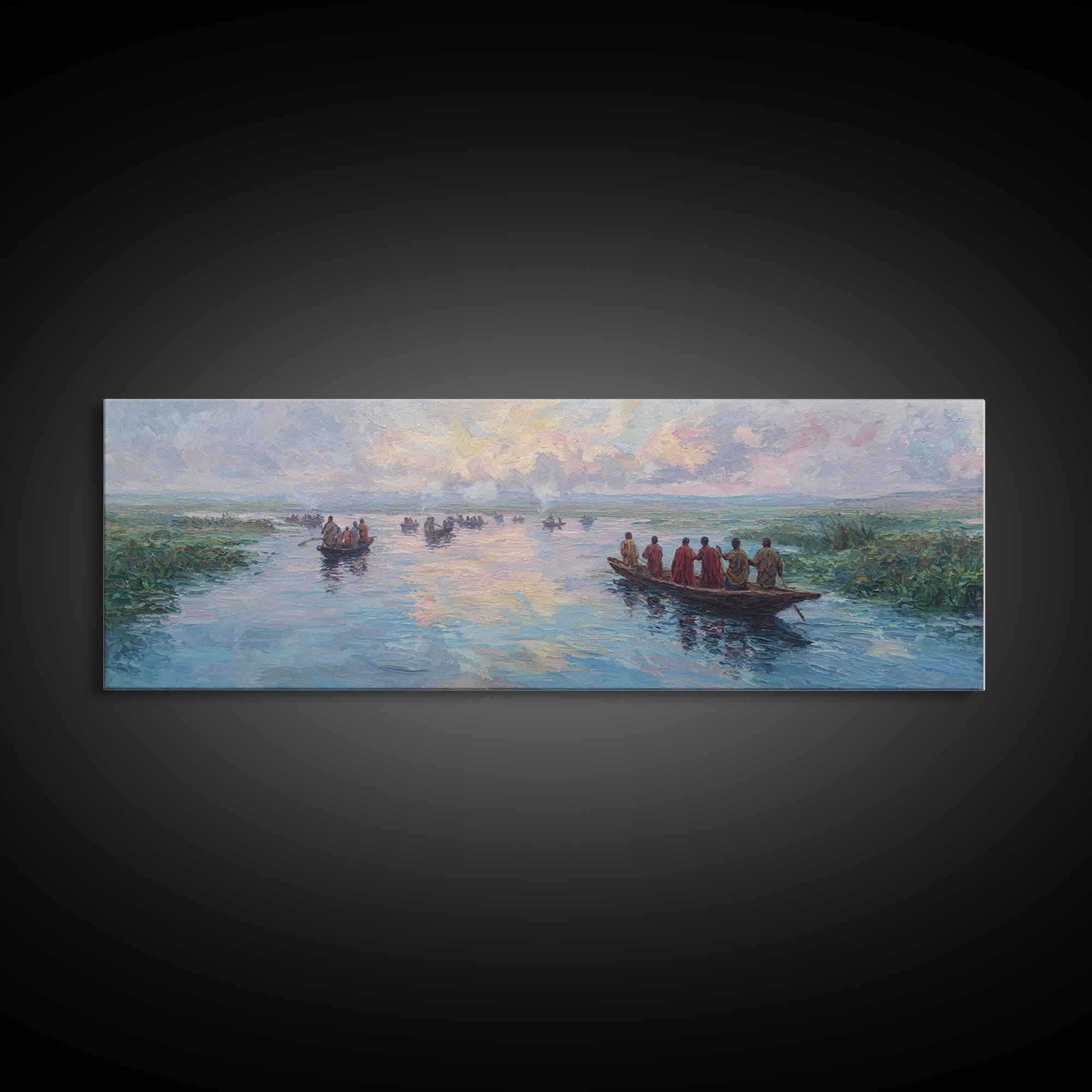 Pastel River Boats At Sunset Wall Art, African Landscape Canvas Print, Serene Safari Decor, Coastal Living Room Gift For Home
