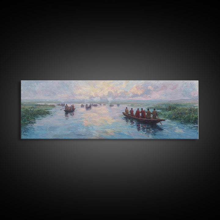 Pastel River Boats At Sunset Wall Art, African Landscape Canvas Print, Serene Safari Decor, Coastal Living Room Gift For Home