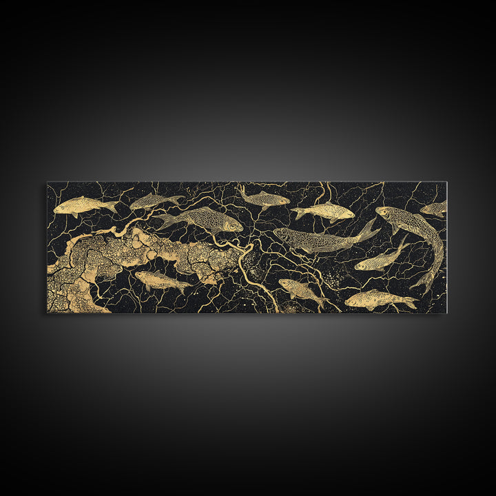 Gold Koi Fish And Cracked Map Wall Art, Black And Gold Canvas Print, African Inspired Decor, Luxury Statement Home Art Gift