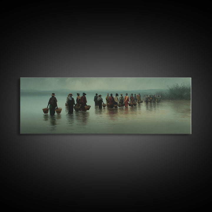 Misty African Fishermen Procession Wall Art, Panoramic Lake Landscape, Cultural African Decor, Serene Safari Home Decor Gift