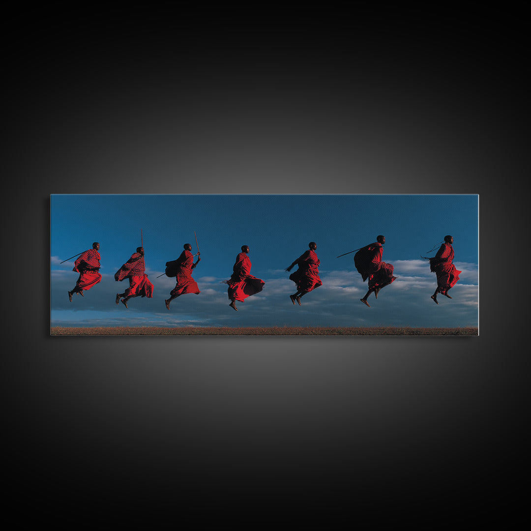 Red Maasai Warriors Leaping With Spears Wall Art, Panoramic African Tribal Art, Safari Decor, Bold Cultural Home Decor Gift