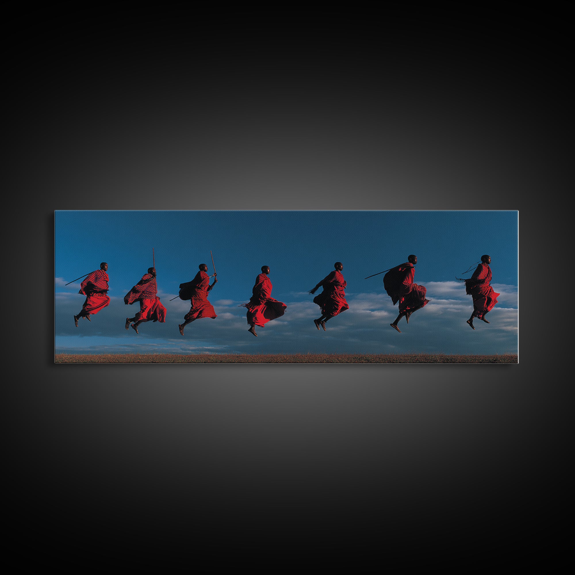 Red Maasai Warriors Leaping With Spears Wall Art, Panoramic African Tribal Art, Safari Decor, Bold Cultural Home Decor Gift