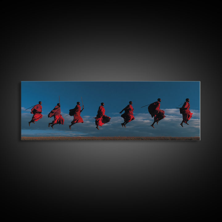 Red Maasai Warriors Leaping With Spears Wall Art, Panoramic African Tribal Art, Safari Decor, Bold Cultural Home Decor Gift