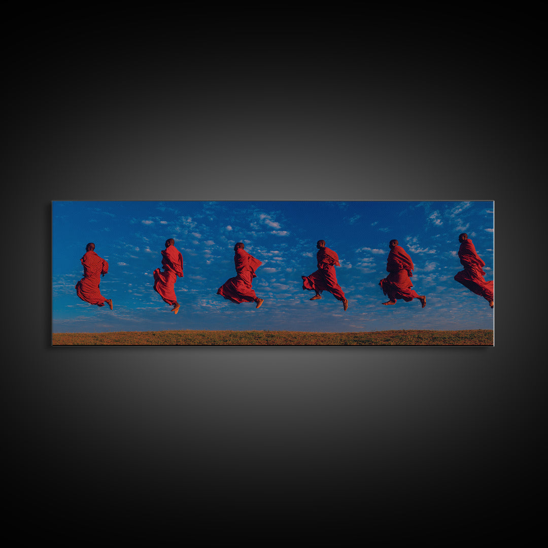 Floating Red Maasai Dancers Framed Canvas Print, African Wall Art, Tribal Safari Decor, Vibrant Cultural Living Room Art