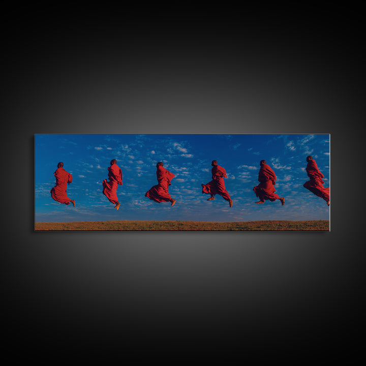 Floating Red Maasai Dancers Framed Canvas Print, African Wall Art, Tribal Safari Decor, Vibrant Cultural Living Room Art