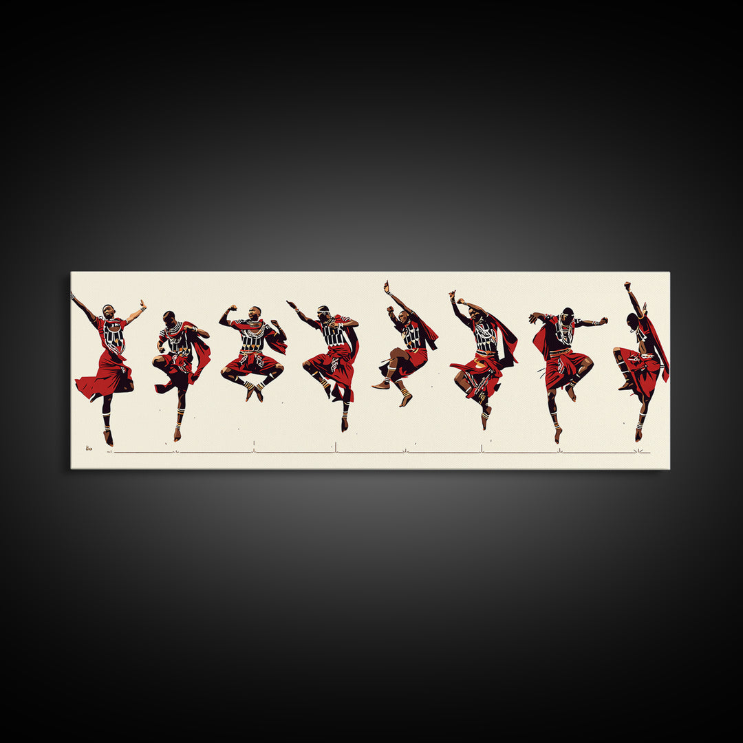 Traditional Maasai Dance Line Canvas Print, African Art Prints, Red Tribal Wall Decor, Afrocentric Culture Gift For Home