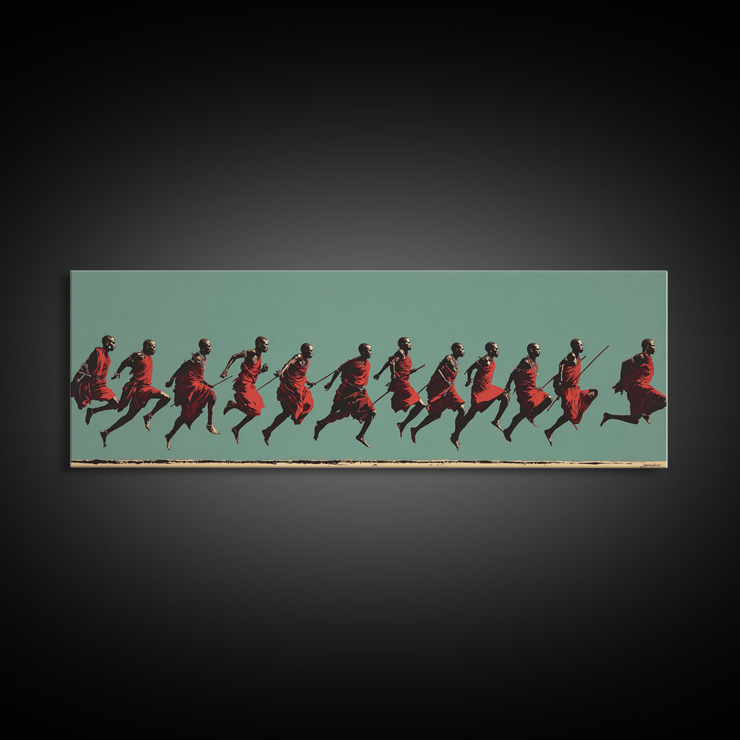 Dynamic Maasai Warriors Running Wall Art, African Warrior Art, Tribal Culture Canvas, Panoramic Safari Home Decor Art Gift