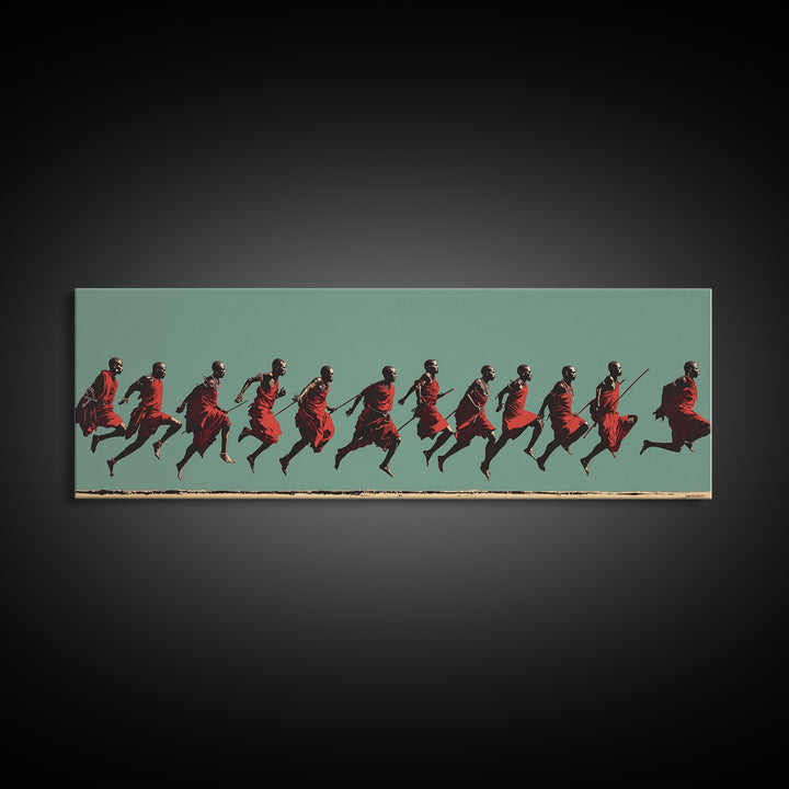 Dynamic Maasai Warriors Running Wall Art, African Warrior Art, Tribal Culture Canvas, Panoramic Safari Home Decor Art Gift