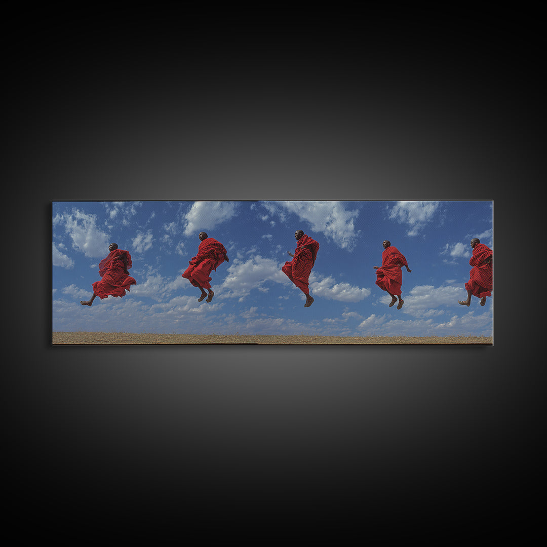 Airborne Maasai Dancers Under Clouds Canvas Print, African Wall Art, Red Tribal Safari Decor, Cultural Statement Gift For Home