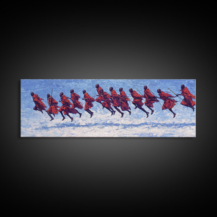 Blue Textured Maasai Warriors Running Wall Art, Abstract African Art, Tribal Safari Decor, Vibrant Panoramic Canvas Print