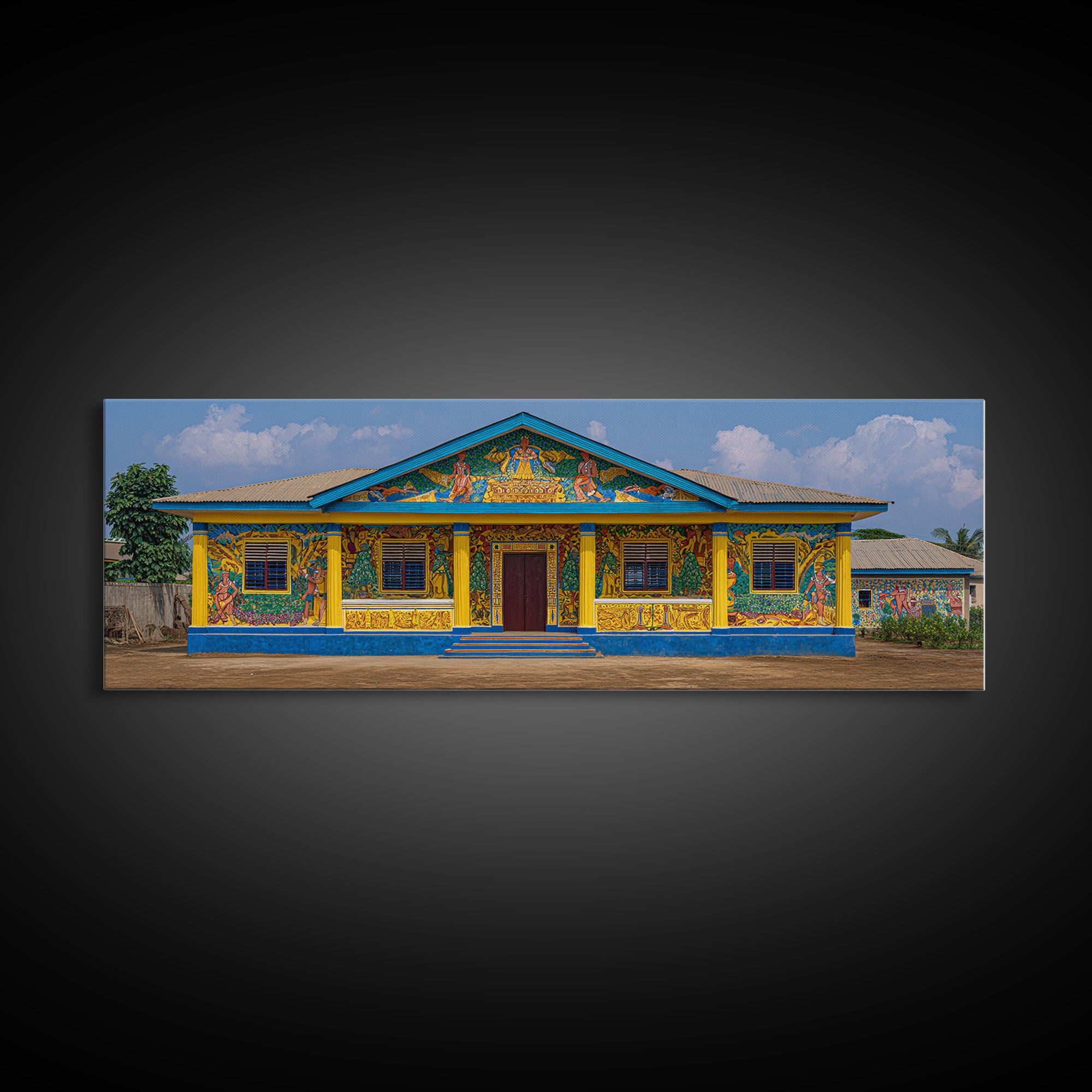 Painted African House Canvas Print, Bright Blue Yellow Facade, Folk Architecture Photography, Cultural Wall Decor Gift Print