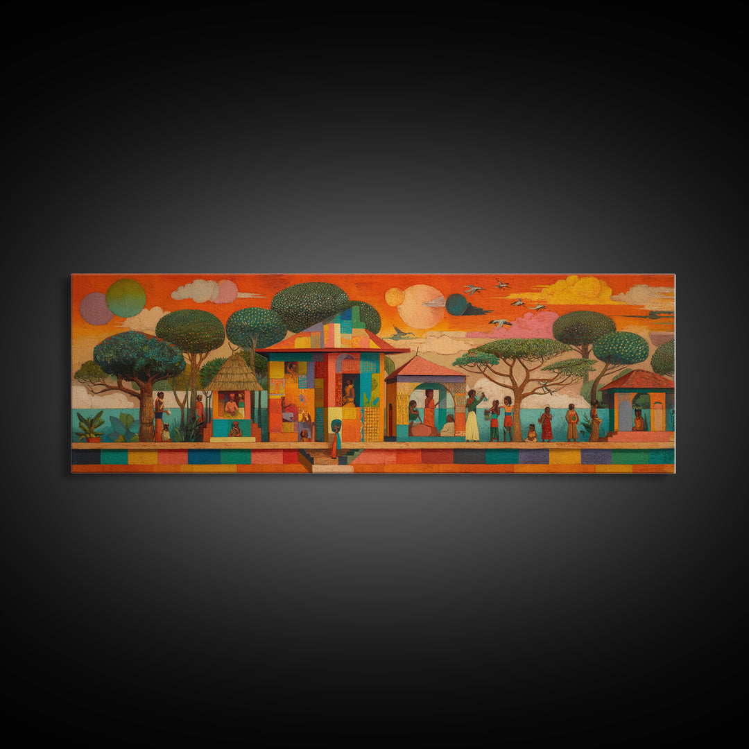 Modern African Village Framed Canvas Print, Sunset Trees And Colorful Homes, Afrocentric Landscape Decor, Cultural Wall Art