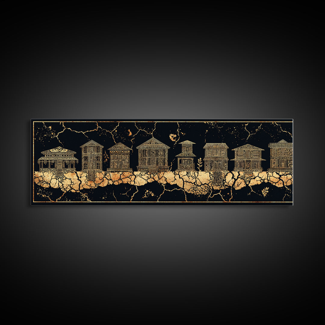 Gold African Village Wall Art, Black Crackle Line Houses, Tribal Architecture Print, Luxury Afrocentric Statement Decor Gift