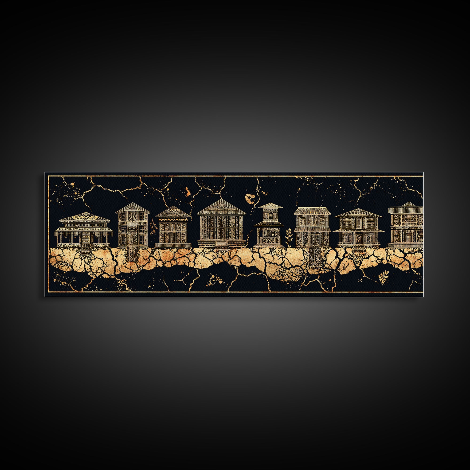 Gold African Village Wall Art, Black Crackle Line Houses, Tribal Architecture Print, Luxury Afrocentric Statement Decor Gift
