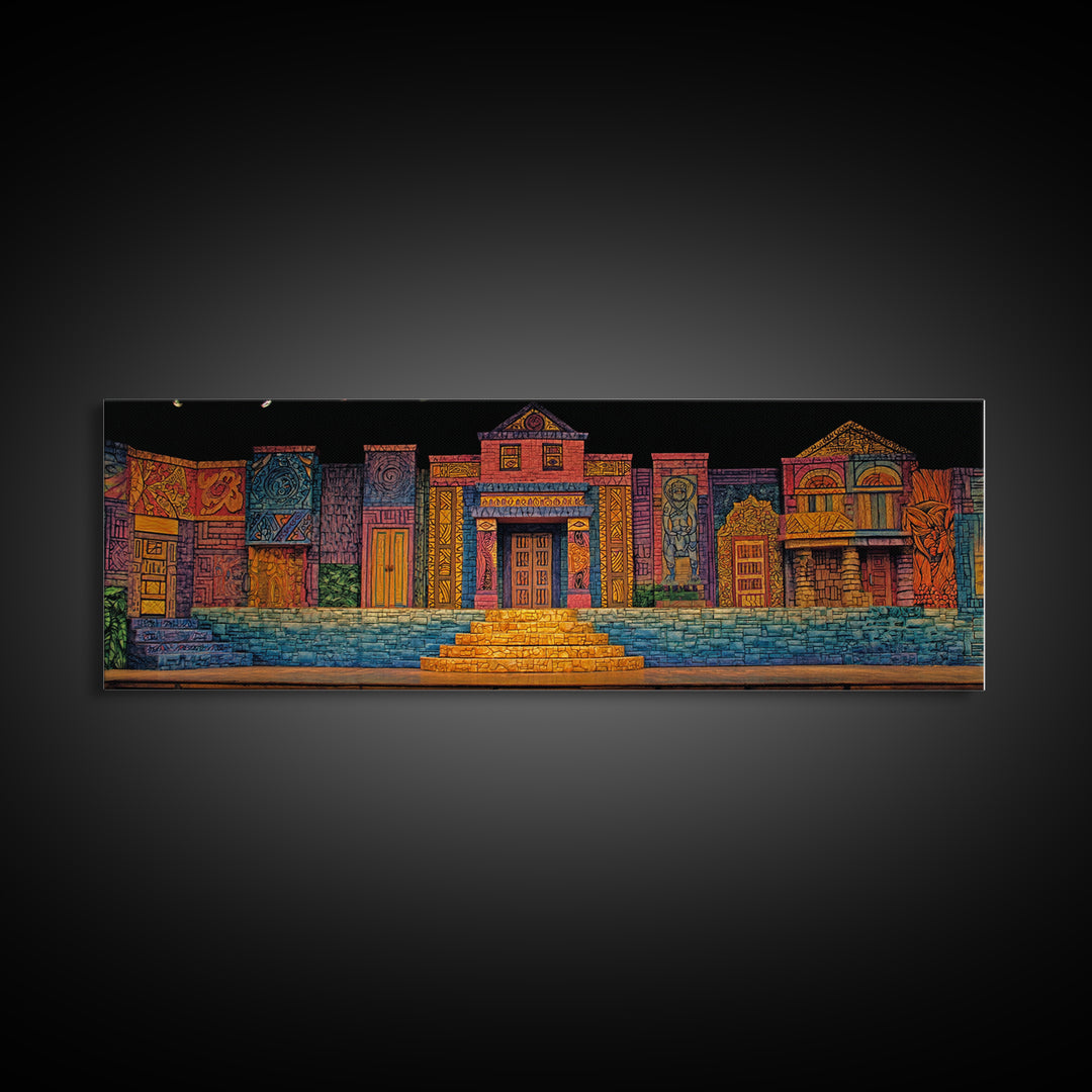 Colorful African Village Night Street Wall Art, Folk Architecture Canvas Print, Afrocentric Home Decor, Vibrant Townscape