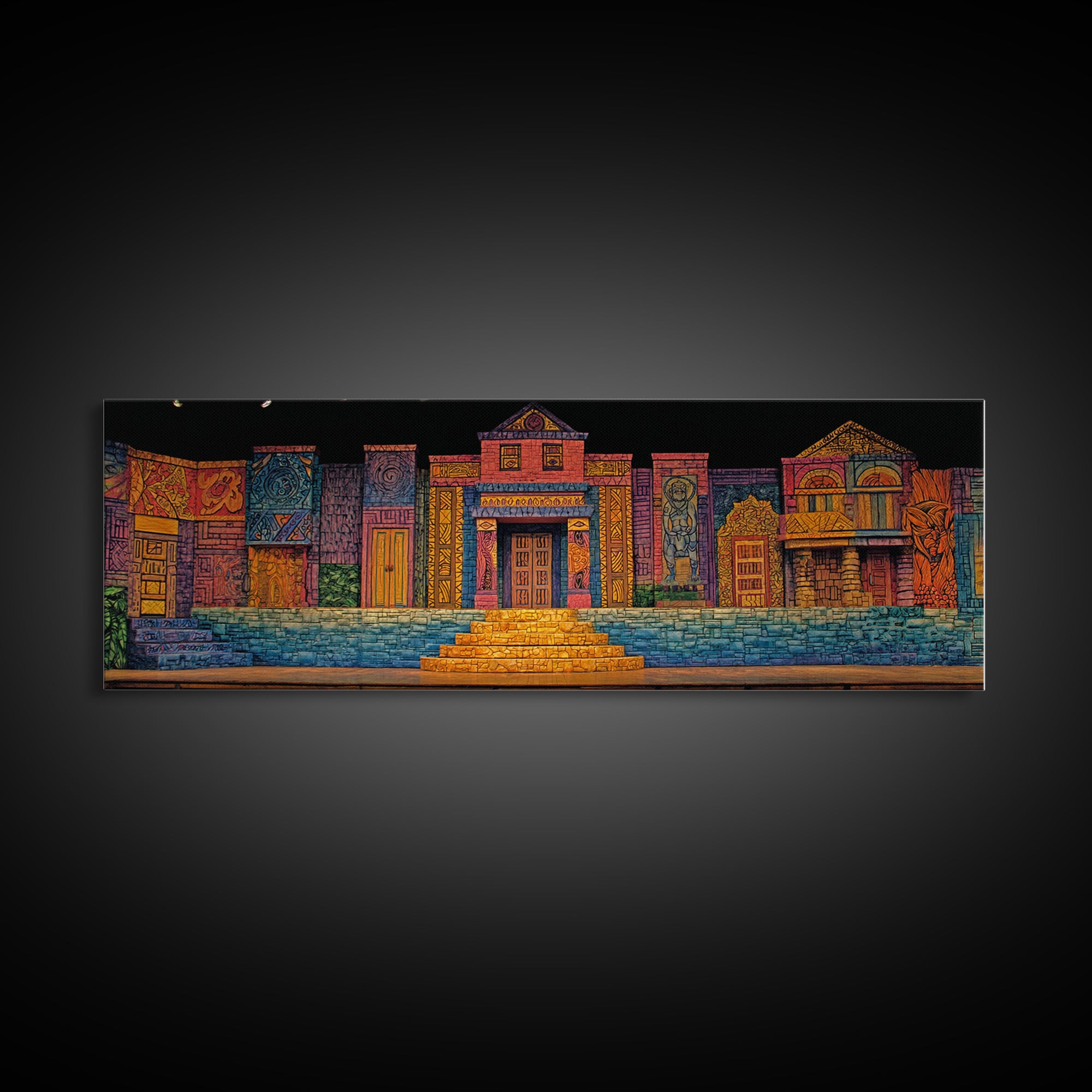 Colorful African Village Night Street Wall Art, Folk Architecture Canvas Print, Afrocentric Home Decor, Vibrant Townscape