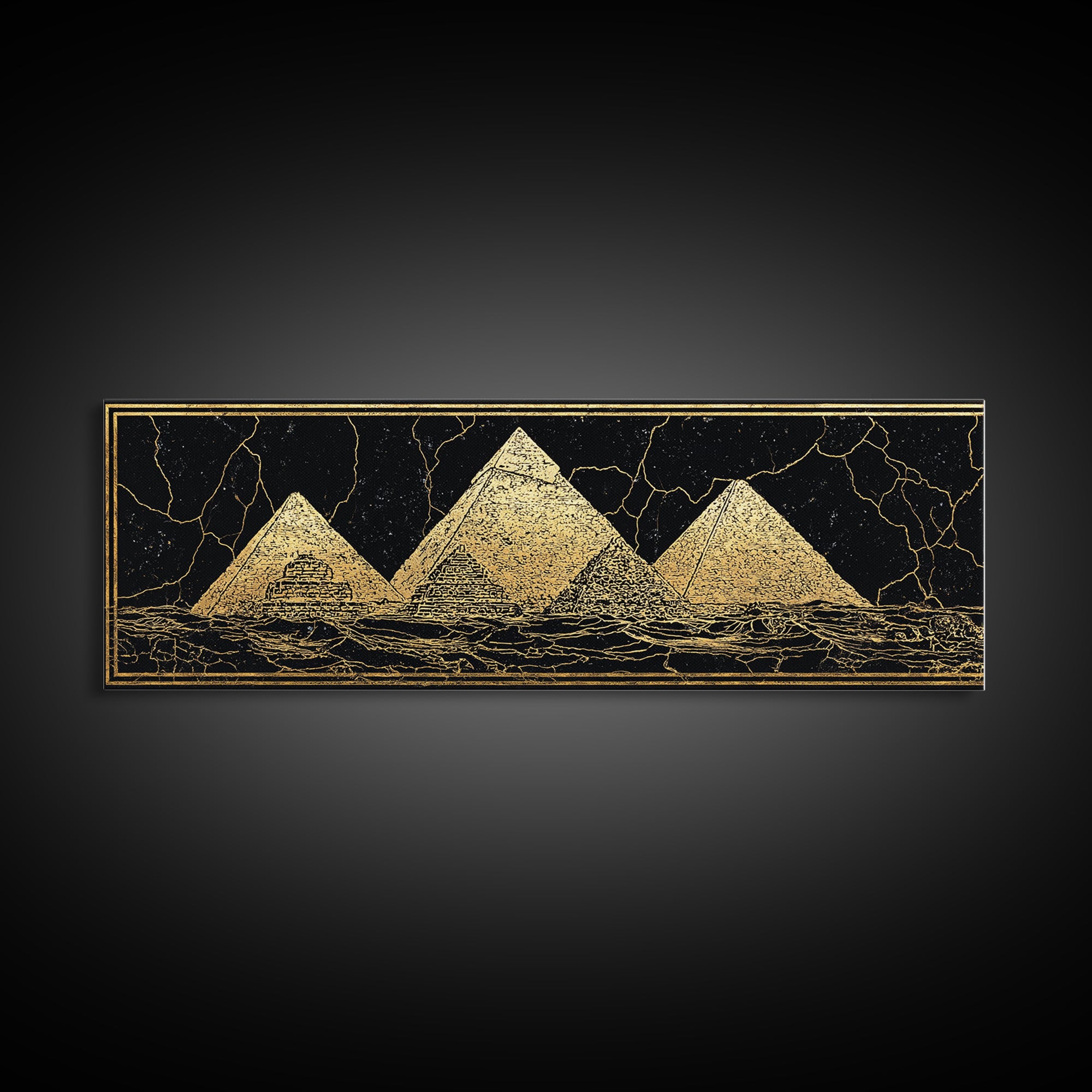 Gold Egyptian Pyramids On Black Wall Art, African Egyptian Art Canvas Print, Ancient Africa Decor, Luxury Abstract Poster