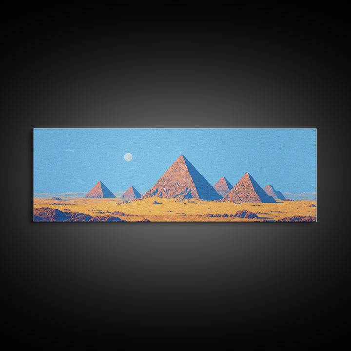 Blue Sky Egyptian Pyramids Moon Wall Art, African Landscape Canvas Print, Desert Travel Poster, Minimalist Cultural Decor
