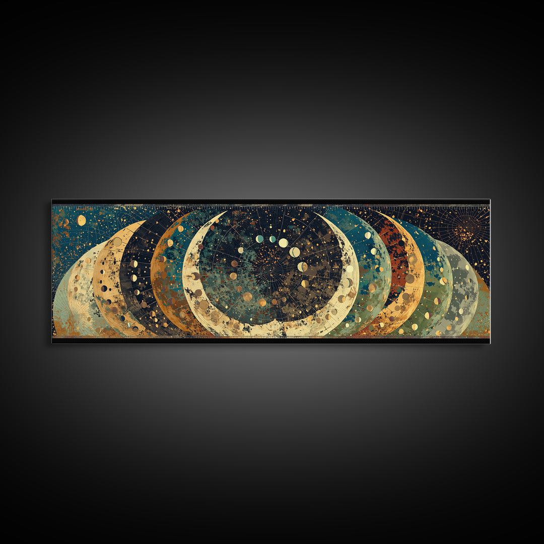 Layered Crescent Moon Abstract Wall Art, Mystical Wall Art, Boho African Inspired Canvas Print, Teal Gold Home Decor Gift