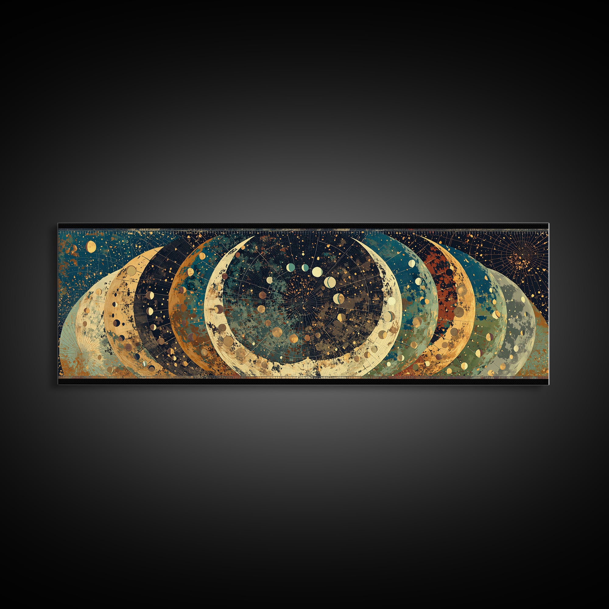 Layered Crescent Moon Abstract Wall Art, Mystical Wall Art, Boho African Inspired Canvas Print, Teal Gold Home Decor Gift
