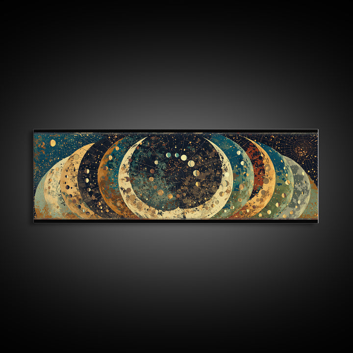 Layered Crescent Moon Abstract Wall Art, Mystical Wall Art, Boho African Inspired Canvas Print, Teal Gold Home Decor Gift