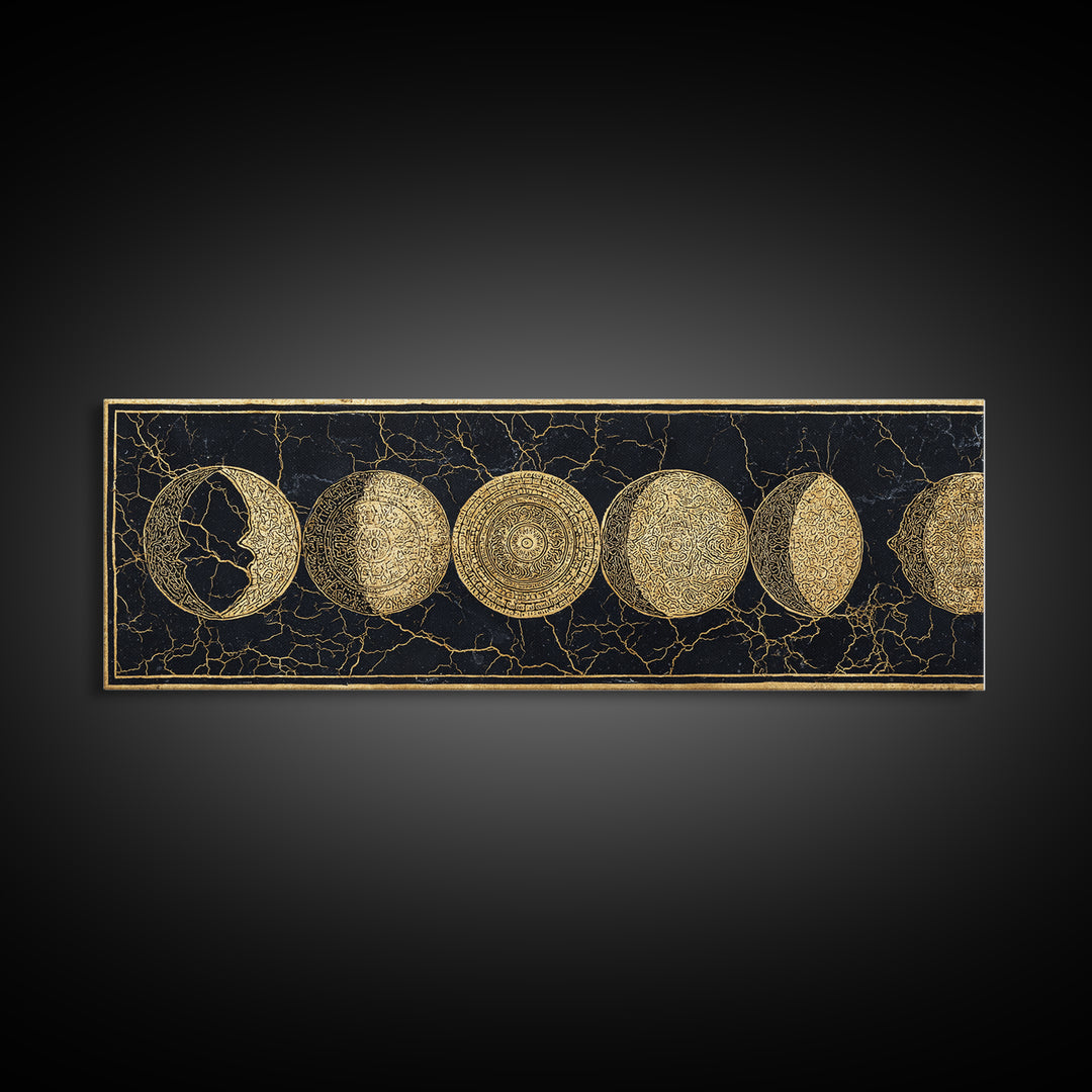 Gold Moon Phase Celestial Wall Art, Black And Gold Art, Spiritual Wall Decor, Mystical Canvas Print, Elegant Home Decor Gift