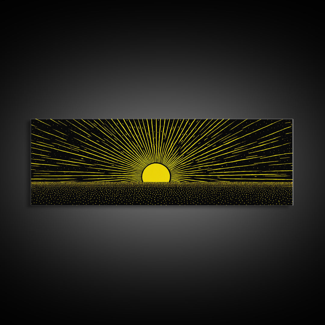 Minimal Golden Sunrise Rays Wall Art, Black And Gold Abstract Landscape, Modern Canvas Decor For Office Or Living Room Gift
