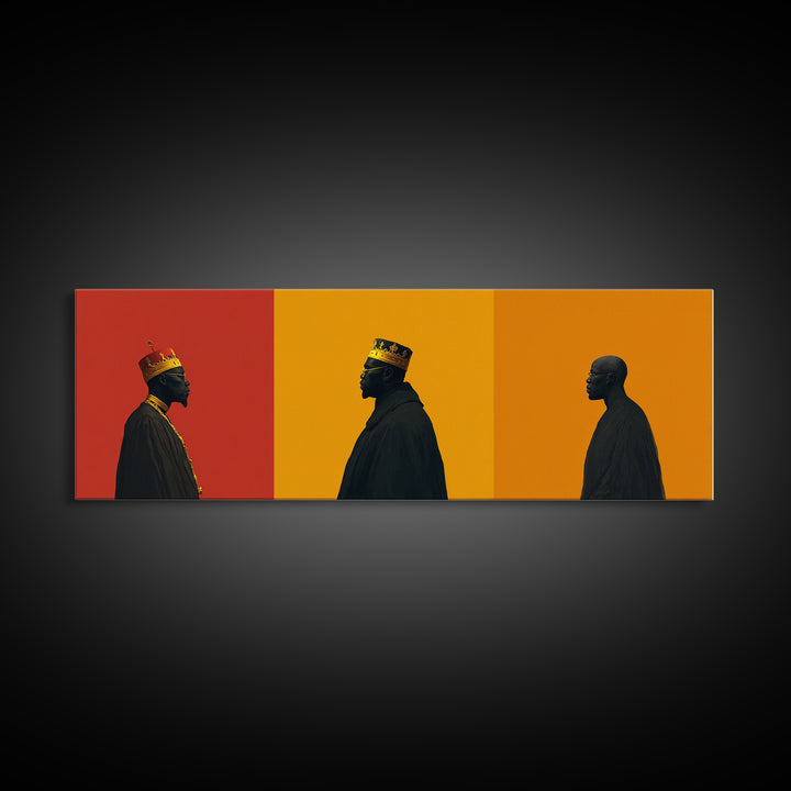Three African Kings Profile Framed Canvas Print, Royal Black Men Portrait, Afrocentric Wall Decor, Bold Orange Art For Home