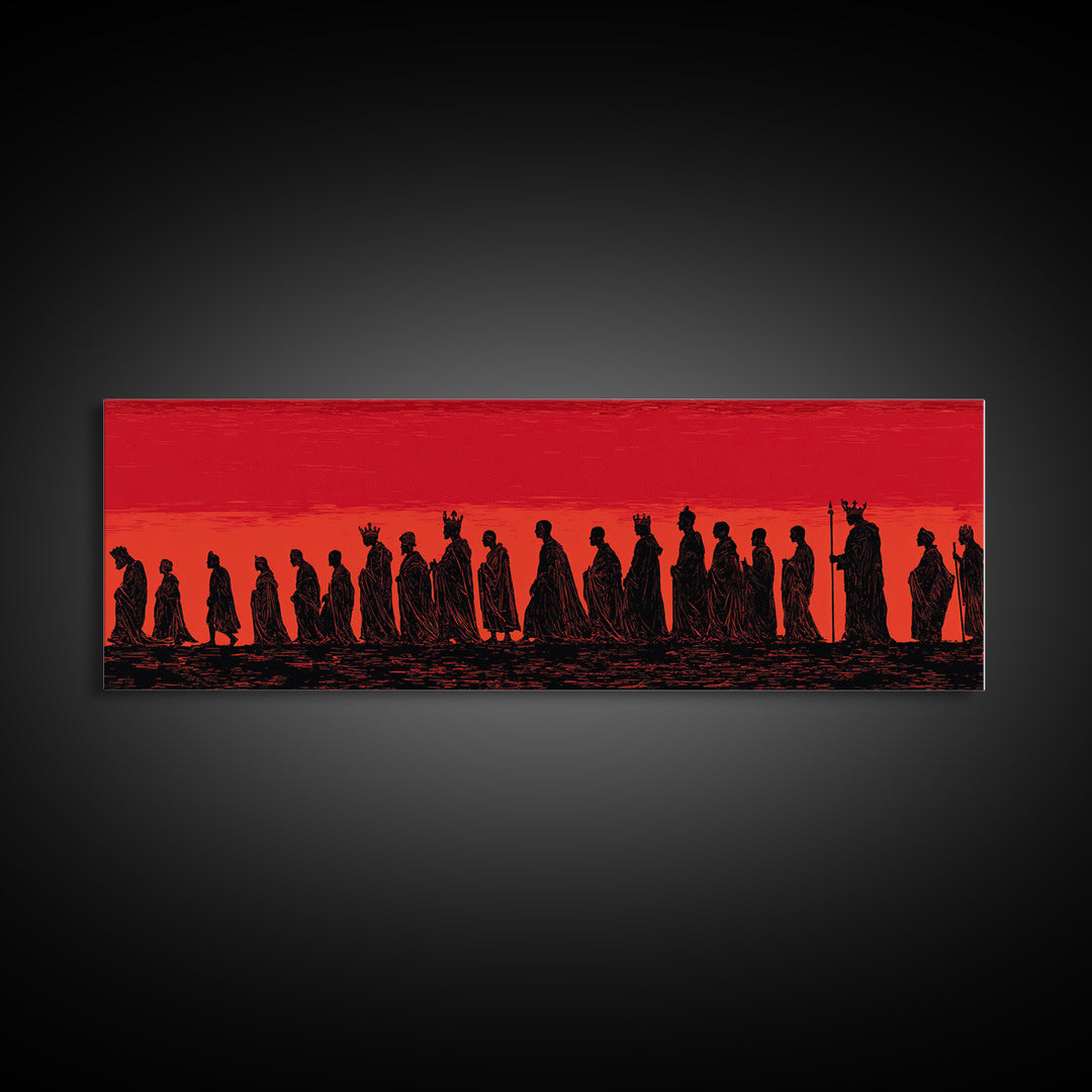 Red Sunset African Procession Wall Art, Tribal Silhouette Landscape, Panoramic Black Culture Home Decor For Living Room Gift