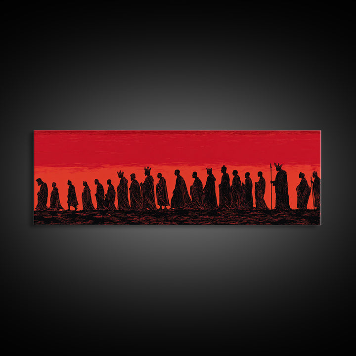 Red Sunset African Procession Wall Art, Tribal Silhouette Landscape, Panoramic Black Culture Home Decor For Living Room Gift