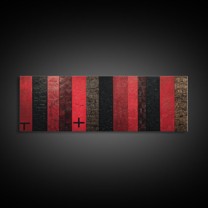 Red Black Gold African Fabric Wall Art, Tribal Textile Pattern Canvas Print, Cultural Geometric Decor For Modern Home Gift