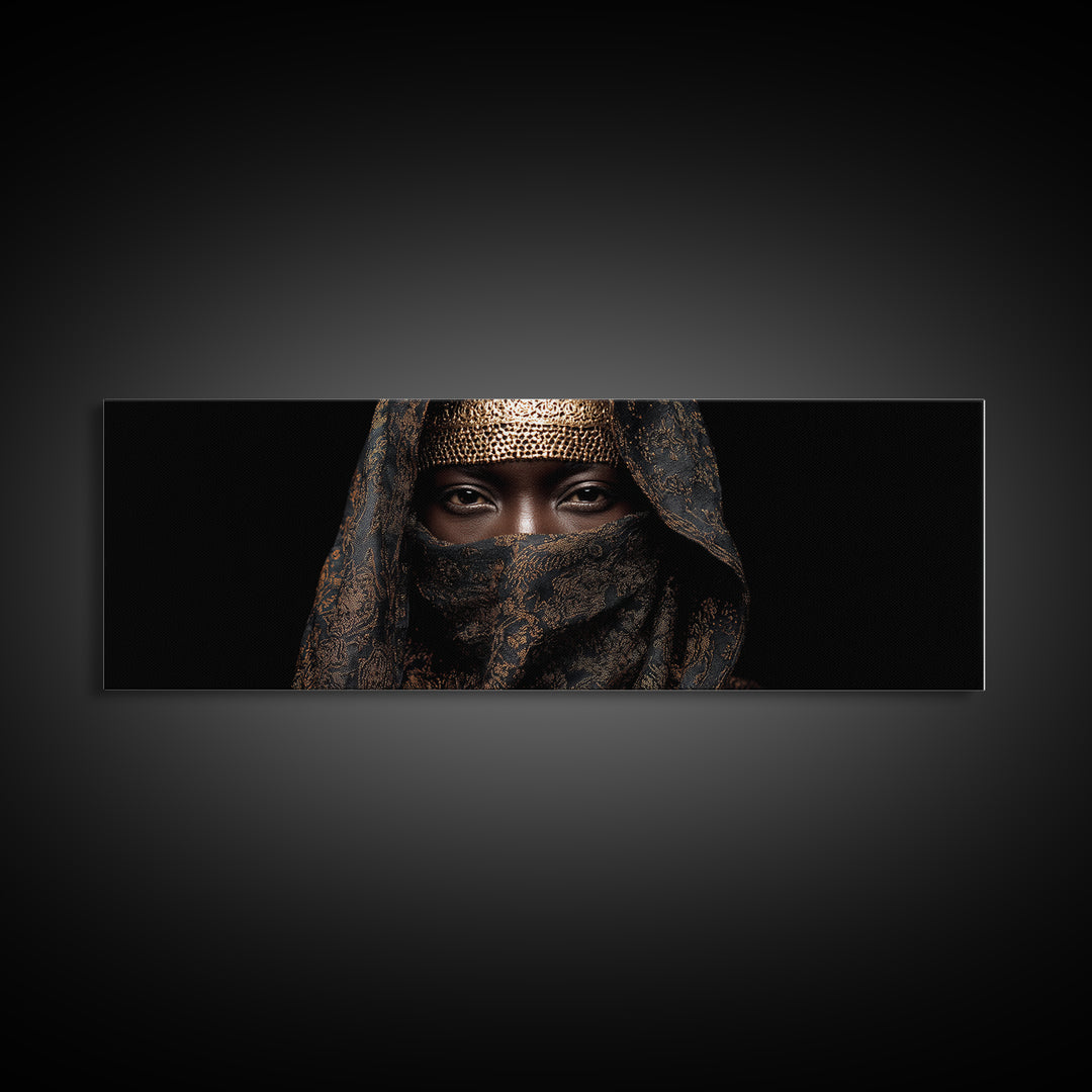 Veiled African Queen Canvas Print, Black Woman Portrait, Gold Jewelry Canvas, Afrocentric Wall Decor, Elegant Home Art Gift