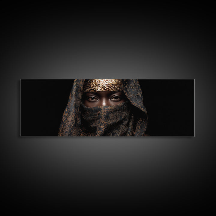 Veiled African Queen Canvas Print, Black Woman Portrait, Gold Jewelry Canvas, Afrocentric Wall Decor, Elegant Home Art Gift