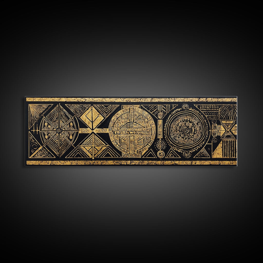 Black Gold Tribal Geometry Wall Art, African Patterns Painting, Kuba Inspired Textile Art, Luxury Canvas Decor For Home Gift