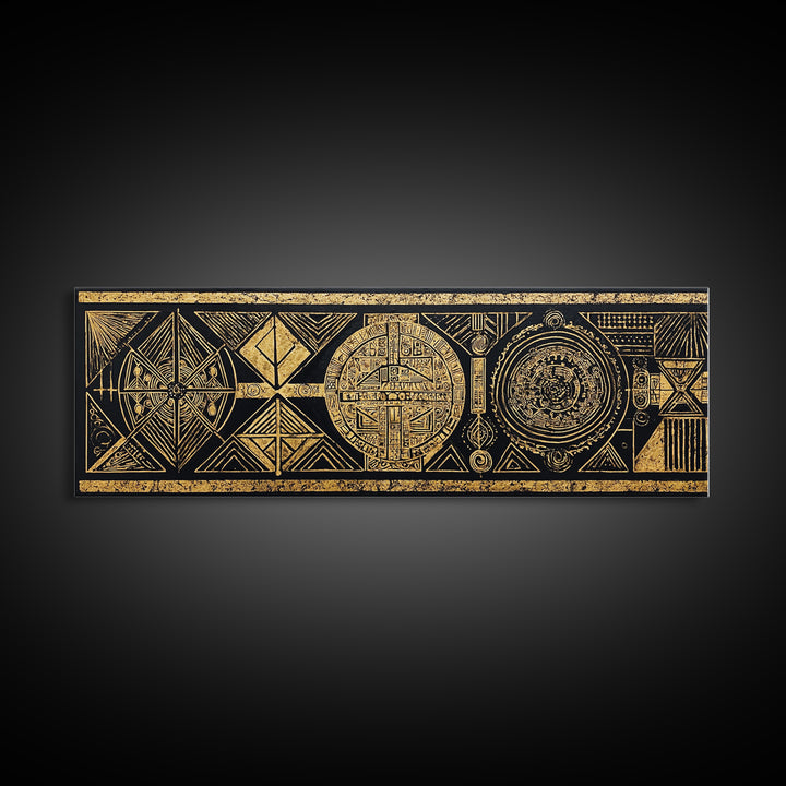 Black Gold Tribal Geometry Wall Art, African Patterns Painting, Kuba Inspired Textile Art, Luxury Canvas Decor For Home Gift