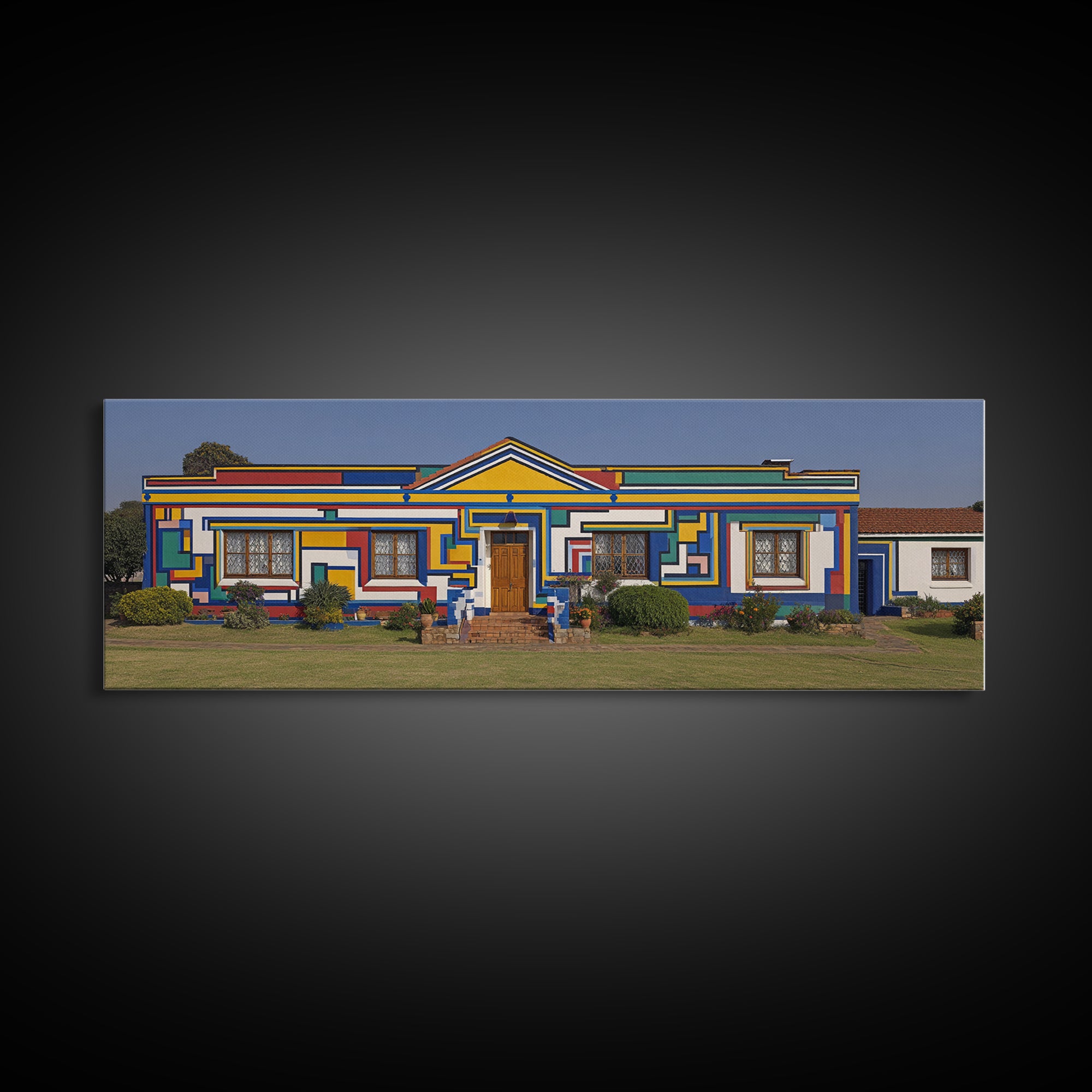Bright Ndebele House Canvas Print, South African Art Decor, Geometric Pattern Facade, Cultural Wall Decor For Living Room
