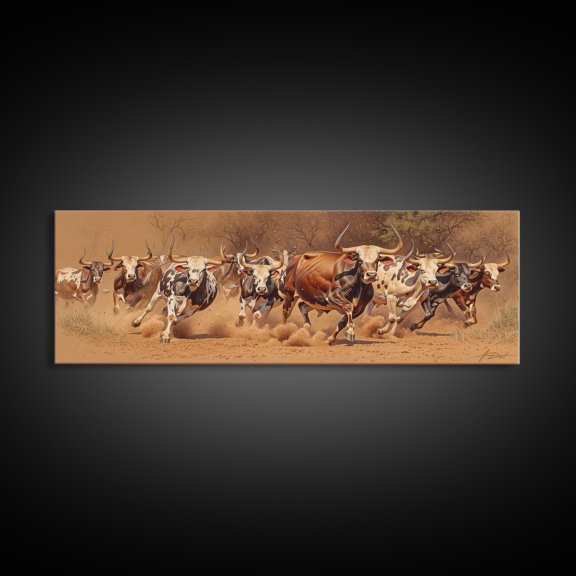 Charging African Cattle Herd Canvas Print, Safari Animal Wall Art, Rustic Ranch Decor, Brown Earth Tone Living Room Art Gift