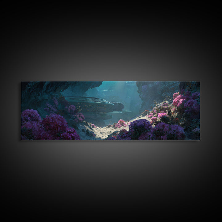 Sunlit Alien Cave Landscape Wall Art, Dreamy Floral Digital Art, Sci Fi Nature Scene, Unique Canvas Print For Modern Decor