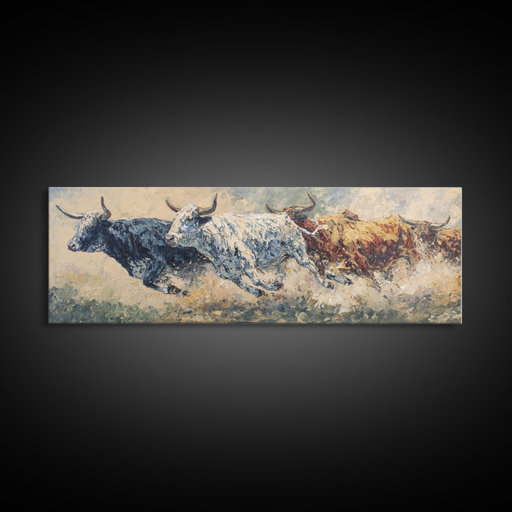 Three Running Bulls Framed Canvas Print, Textured Animal Painting, Rustic Safari Wall Art, Earth Tone Decor For Living Room