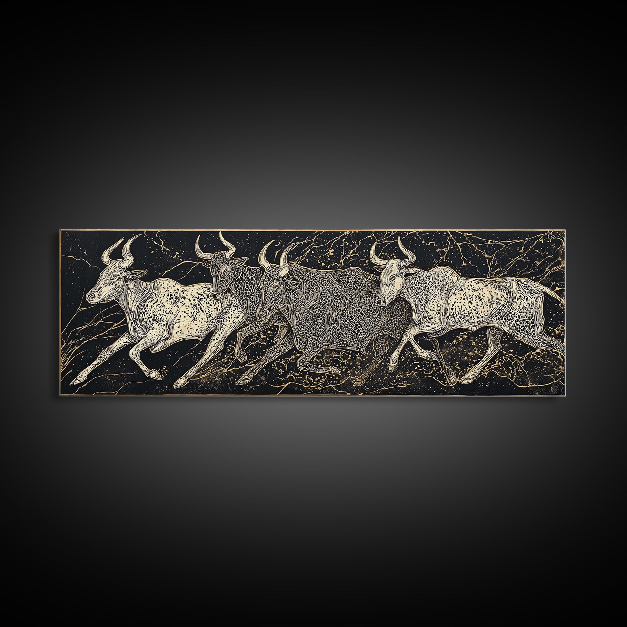Black And Gold Longhorn Cattle Wall Art, Tribal Animal Print, Rustic Western Decor, Bold Textured Canvas Print For Home Decor