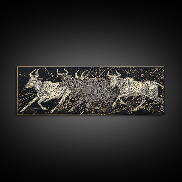 Black And Gold Longhorn Cattle Wall Art, Tribal Animal Print, Rustic Western Decor, Bold Textured Canvas Print For Home Decor