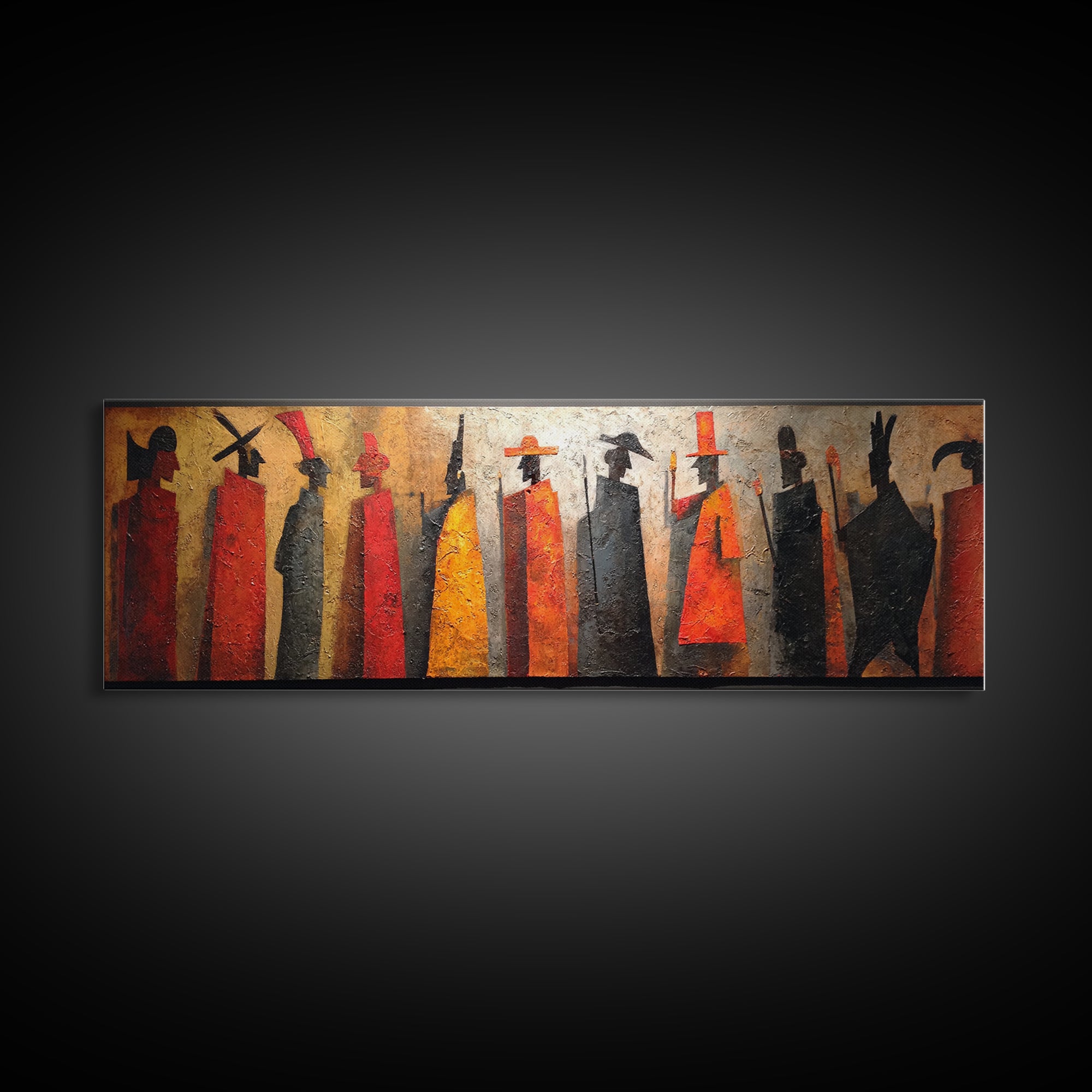 Tall Tribal Figures Framed Canvas Print, African Warrior Art, Afrocentric Wall Art, Cultural Home Decor, Bold Tribal Art Decor