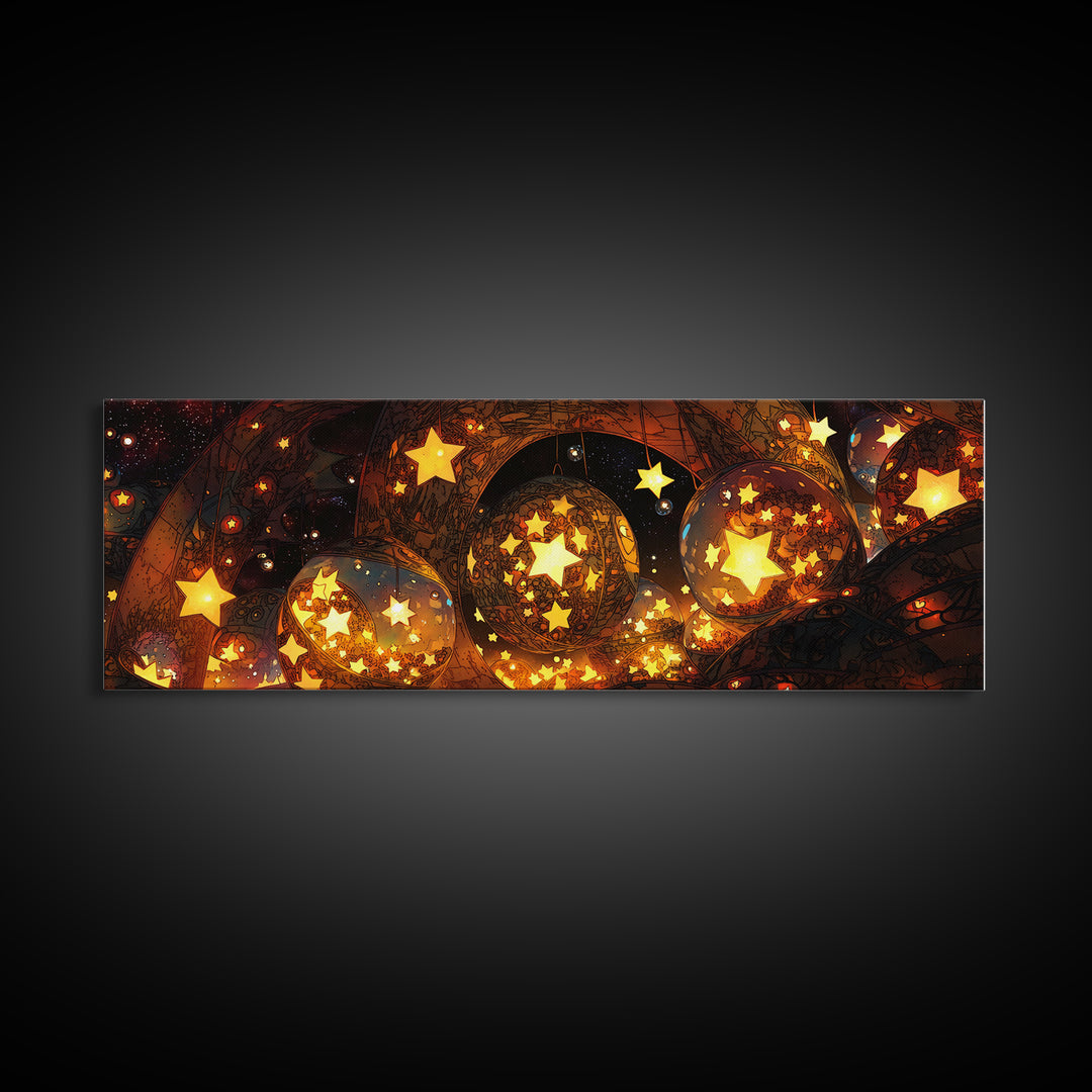 Glowing Star Orbs Canvas Print, Dreamy Wall Art, Black And Gold Art, Celestial Decor, Magical Bedroom Wall Decor, Unique Home Decor