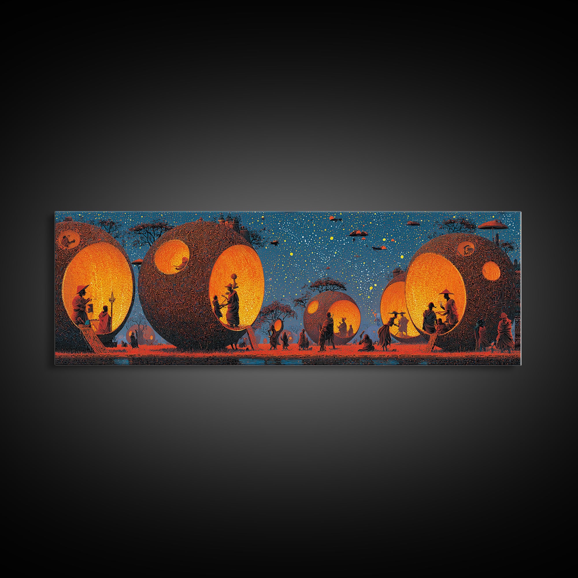 Glowing Spherical Village Canvas Print, African Inspired Wall Art, Orange Decor, Afrocentric Art, Culture Wall Art, Unique Canvas