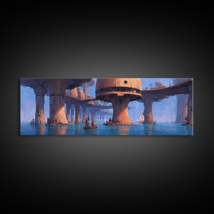 Futuristic Harbor City Canvas Print, Blue Wall Art, Modern Canvas Art, Large Wall Art, Fantasy Landscape Decor, Office Decor