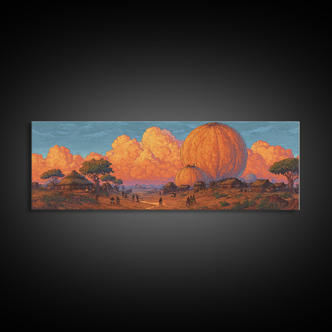 Orange African Savanna Baobab Village Wall Art, Afrocentric Landscape Canvas, Safari Decor, Earth Tone Living Room Print